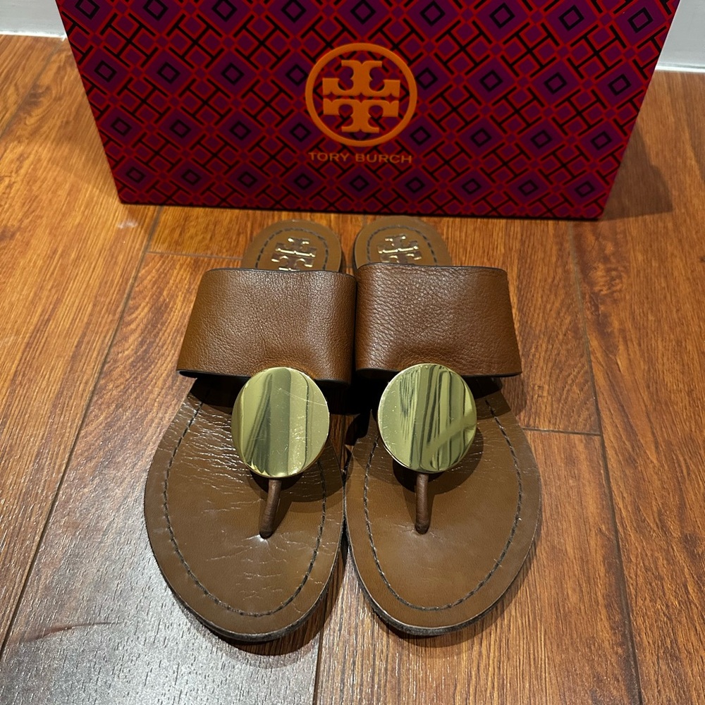 Tory Burch Brown Patos Disk Leather Sandal